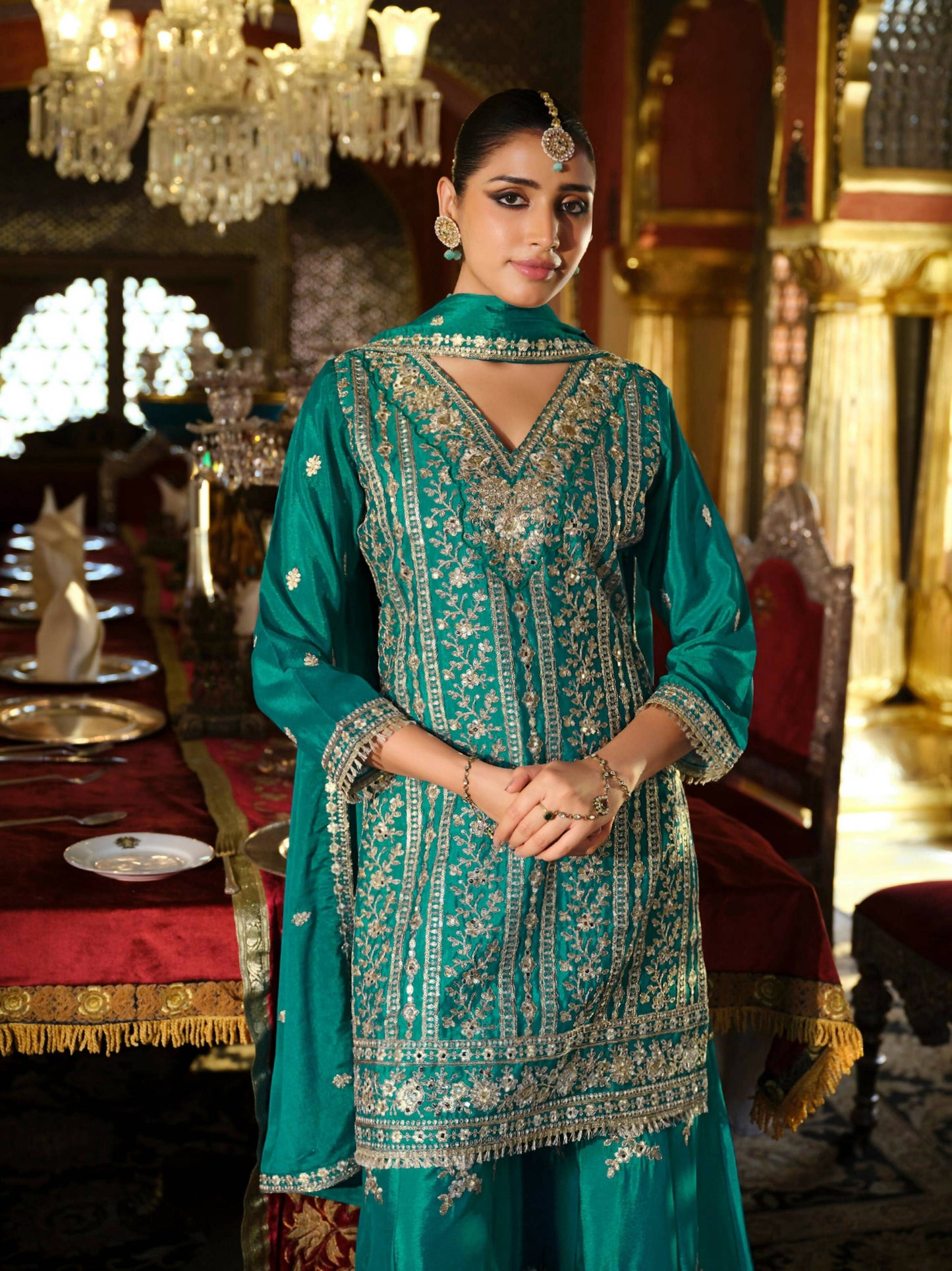 Anaita Sky-Blue Heavy Chinon Readymade Palazzo Suit with Heavy Embroidery Work