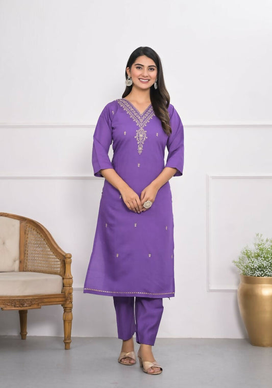 Purple Viscose Silk Embroidery with Thread and sequence Stitched Suit With Dupatta - Tanisha | Swadesiicart