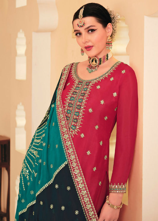 Dazzling Red Embroidered Chinnon Palazzo Salwar Kurta - Emponline | Swadesiicart