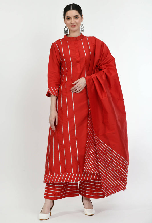 Women's Red Polysilk Suit With Siver Gota Work Enhanced With Gota Work On Dupatta - G & A Apparels | Swadesiicart