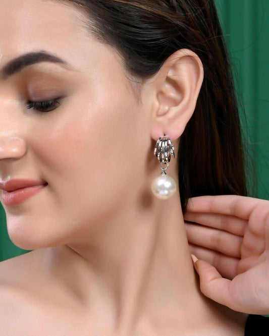 VOJ Set Of 2 Korean Drop Earrings - Gold-Polished With Black Pearl and Silver Plated With White Pearl Earrings - Swadesiicart