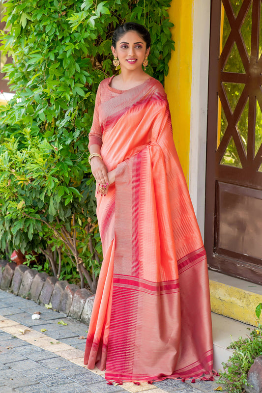 Vishnu Weaves Women's Orange South Silk Zari Woven Saree with Unstitched Blouse - Swadesiicart