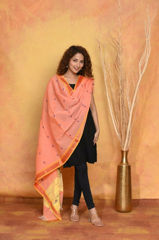 Very Much Indian Handloom Pure Cotton Paithani Dupatta Orange | Swadesiicart