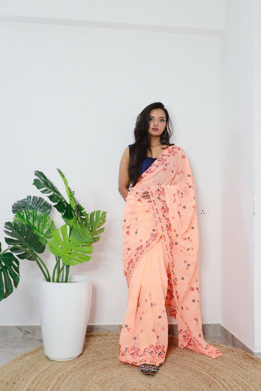 Vamsee Era Peach Georgette Saree - Swadesiicart
