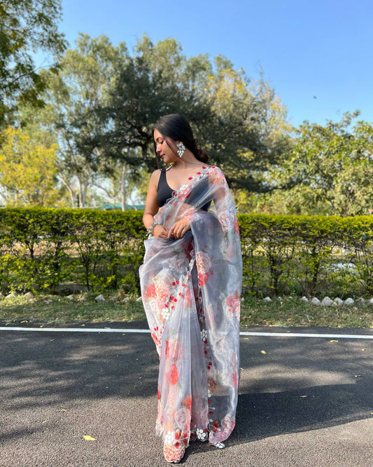 Vamsee Sia Grey Organza Saree - Swadesiicart