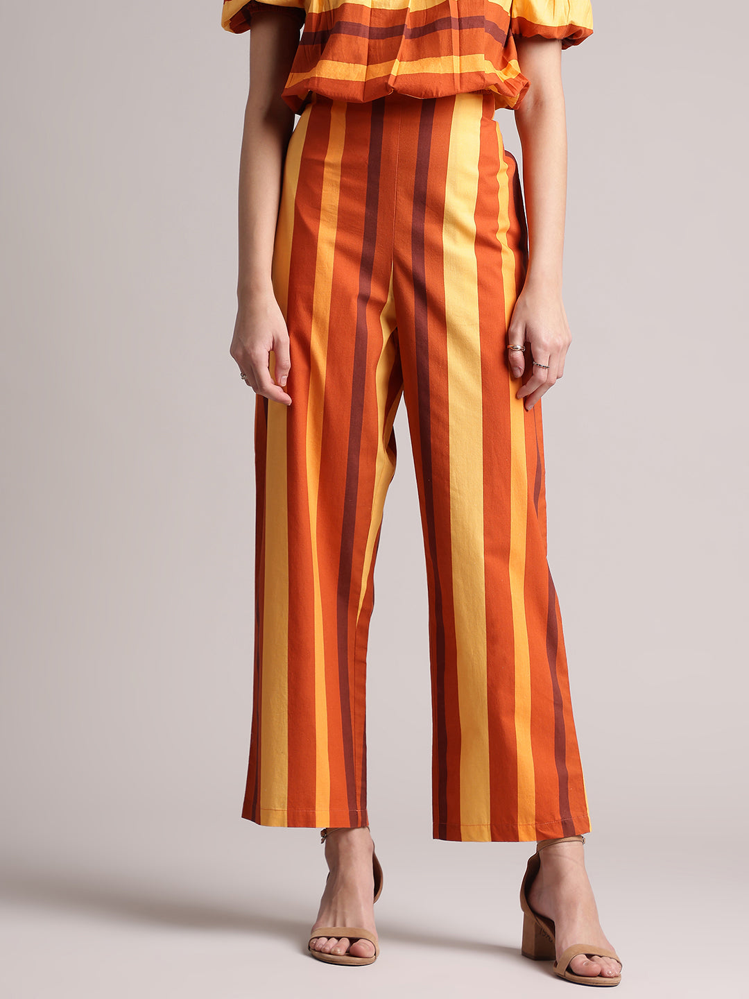 Zaccai Women's Brown Poplin Striped Co-Ords - Swadesiicart