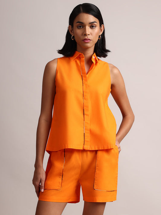 Zaccai Women's Orange Poplin Solid Co-Ords - Swadesiicart
