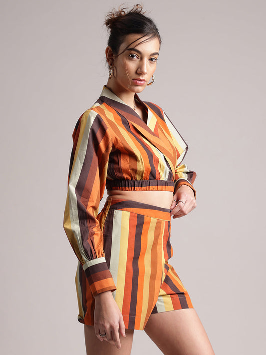 Zaccai Women's Rust Poplin Striped Co-Ords - Swadesiicart