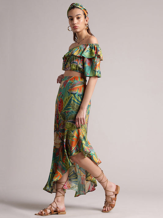 Zaccai Women's Green Muslin Tropical Co-Ords - Swadesiicart
