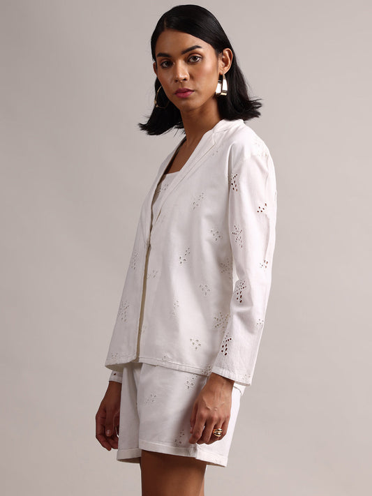 Zaccai Women's White Cambric Schiffli Co-Ords - Swadesiicart