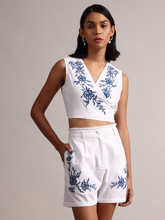 Zaccai Women's White Cambric Embroidered Co-Ords - Swadesiicart