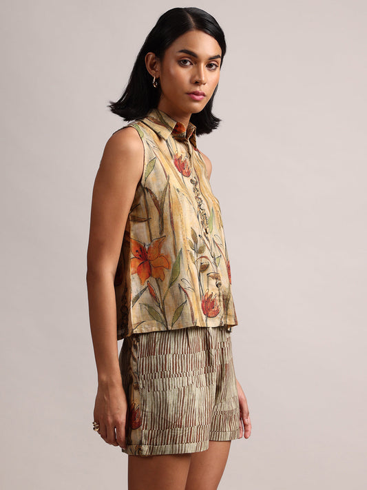 Zaccai Women's Yellow Linen Floral Co-Ords - Swadesiicart