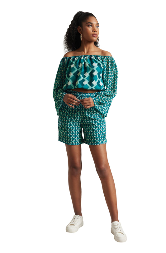 Zaccai Women's Teal Georgette Geometric Co-ord Set - Swadesiicart