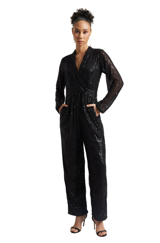 Zaccai Women's Black Poly Elastane Sequined Jumpsuit - Swadesiicart