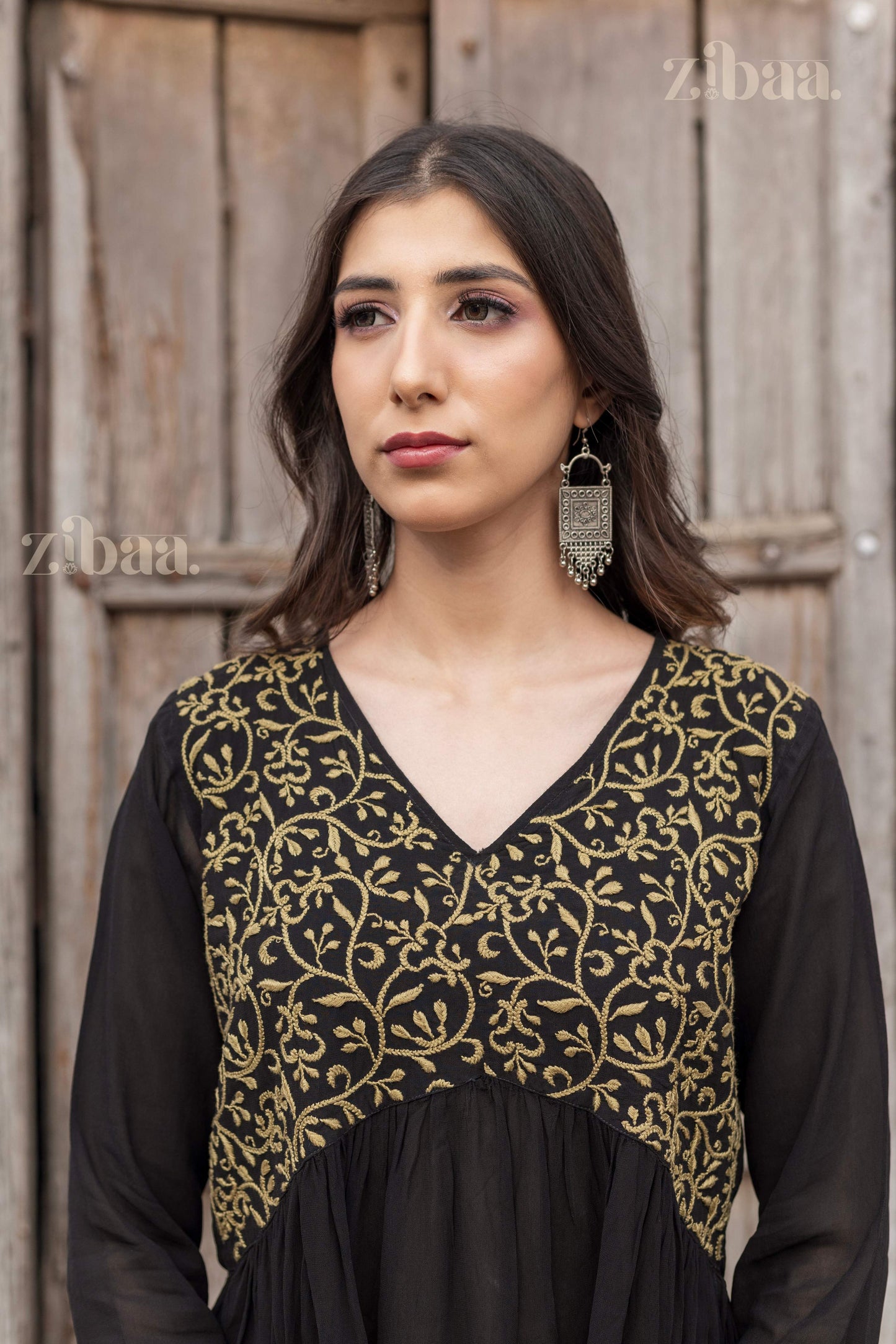 Zibaa Black Georgette Nyra Cut Chikankari Kurti - Swadesiicart
