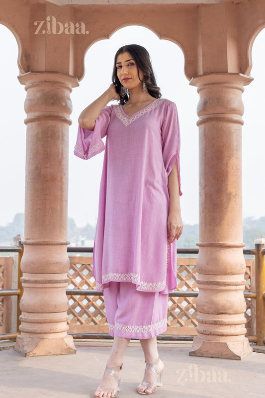 Zibaa Lilac Rayon Chikankari Co-ord Set - Swadesiicart