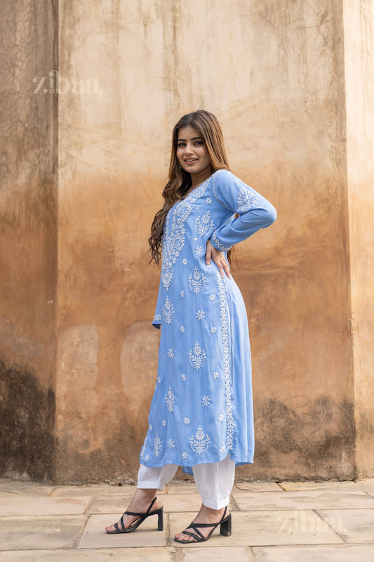 Zibaa Modal Powder Blue Long Chikankari Kurti - Swadesiicart