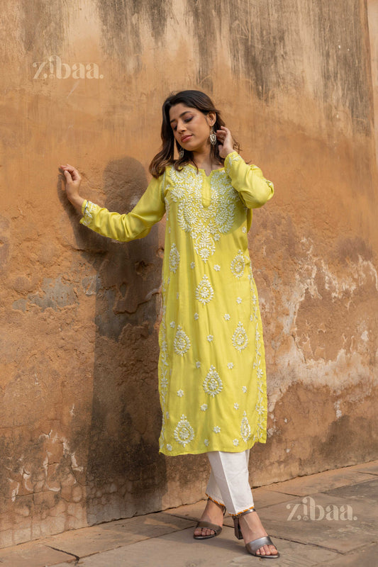 Zibaa Modal Olive Green Long Chikankari Kurti - Swadesiicart