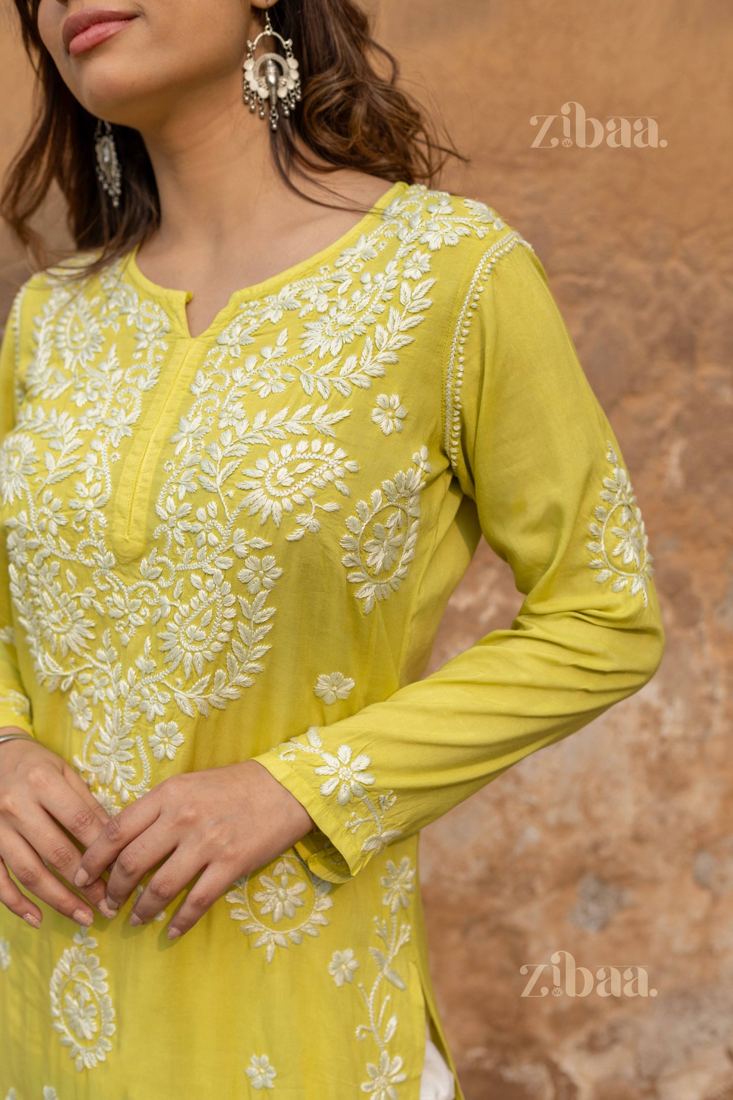 Zibaa Modal Olive Green Long Chikankari Kurti - Swadesiicart