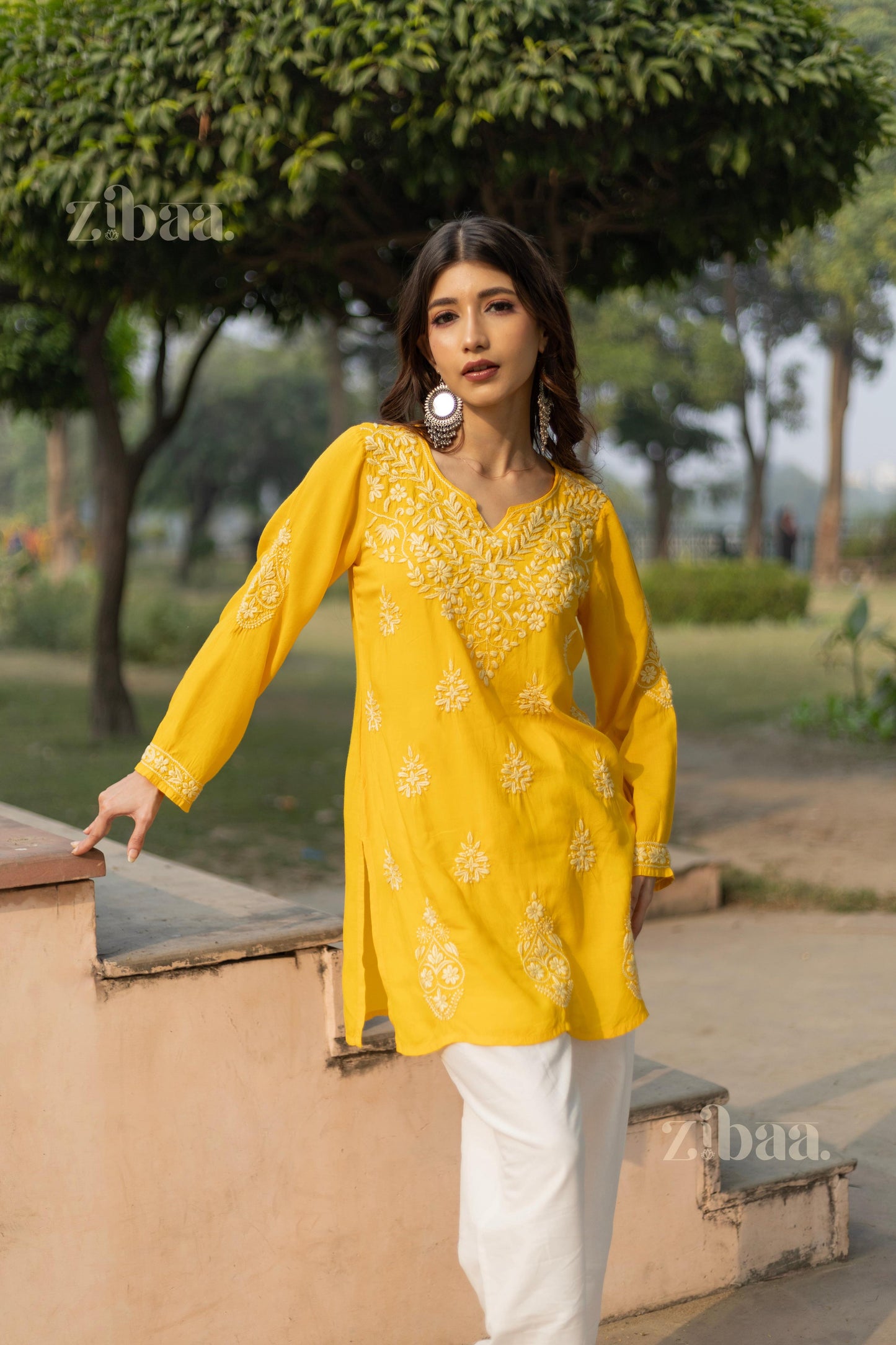 Zibaa Modal Mustard Yellow Short Chikankari Kurti - Swadesiicart