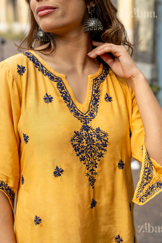 Zibaa Muslin Golden Beige Chikankari Co-ord Set - Swadesiicart