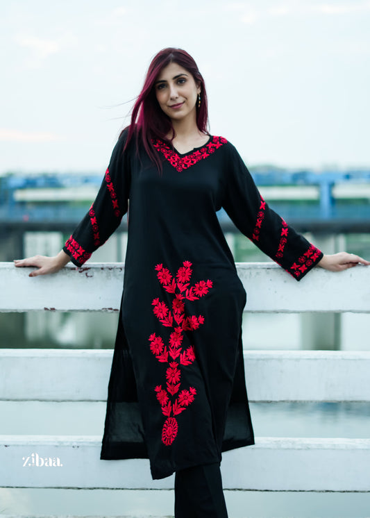 Zibaa Modal Red & Black Chikankari Kurta - Swadesiicart