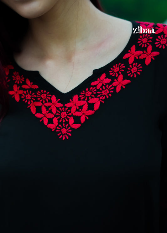 Zibaa Modal Red & Black Chikankari Kurta - Swadesiicart