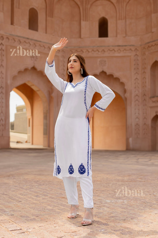 Zibaa Rayon White Chikankari Kurti - Swadesiicart