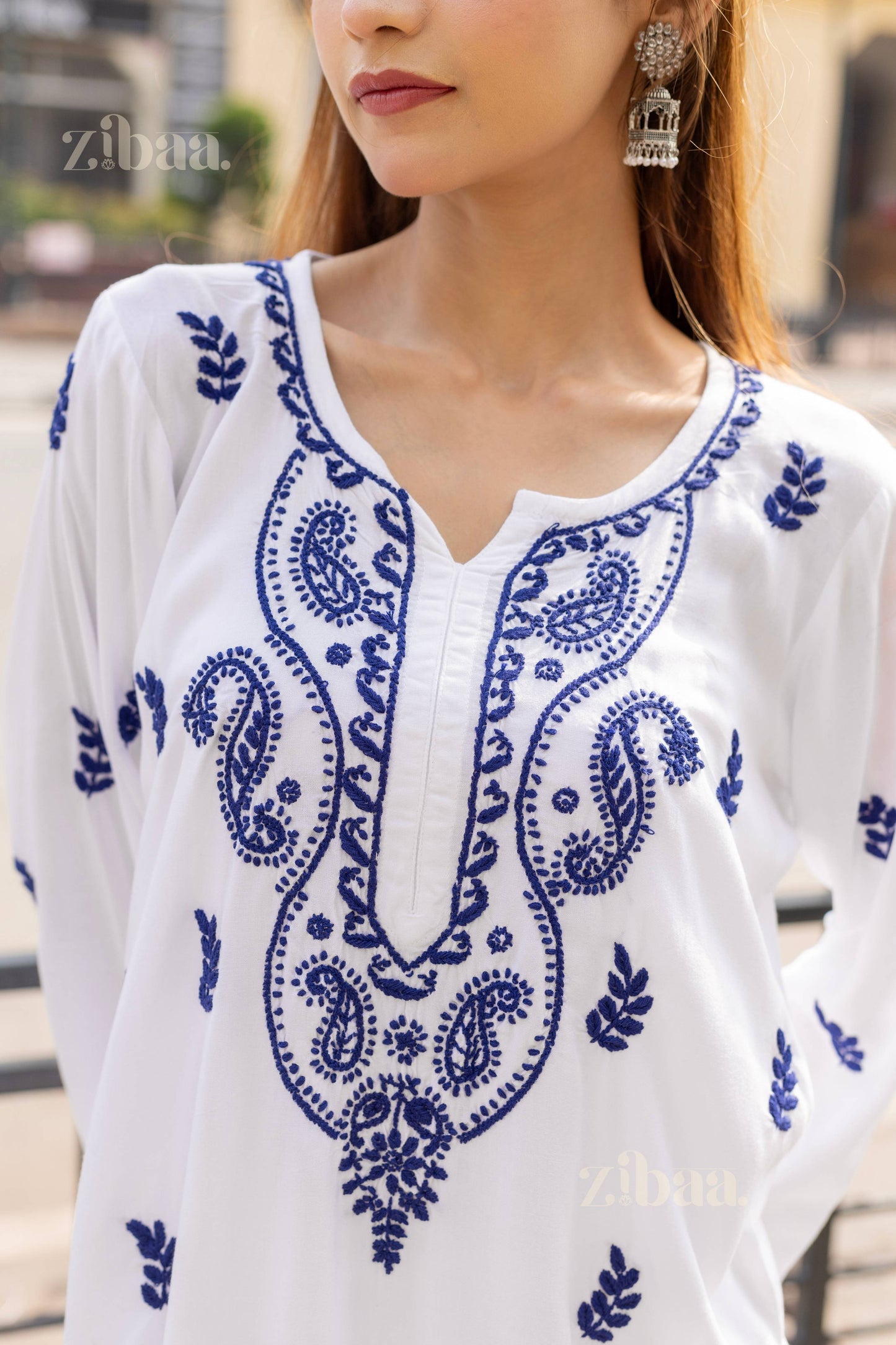 Zibaa Rayon White Chikankari Kurti with small motifs