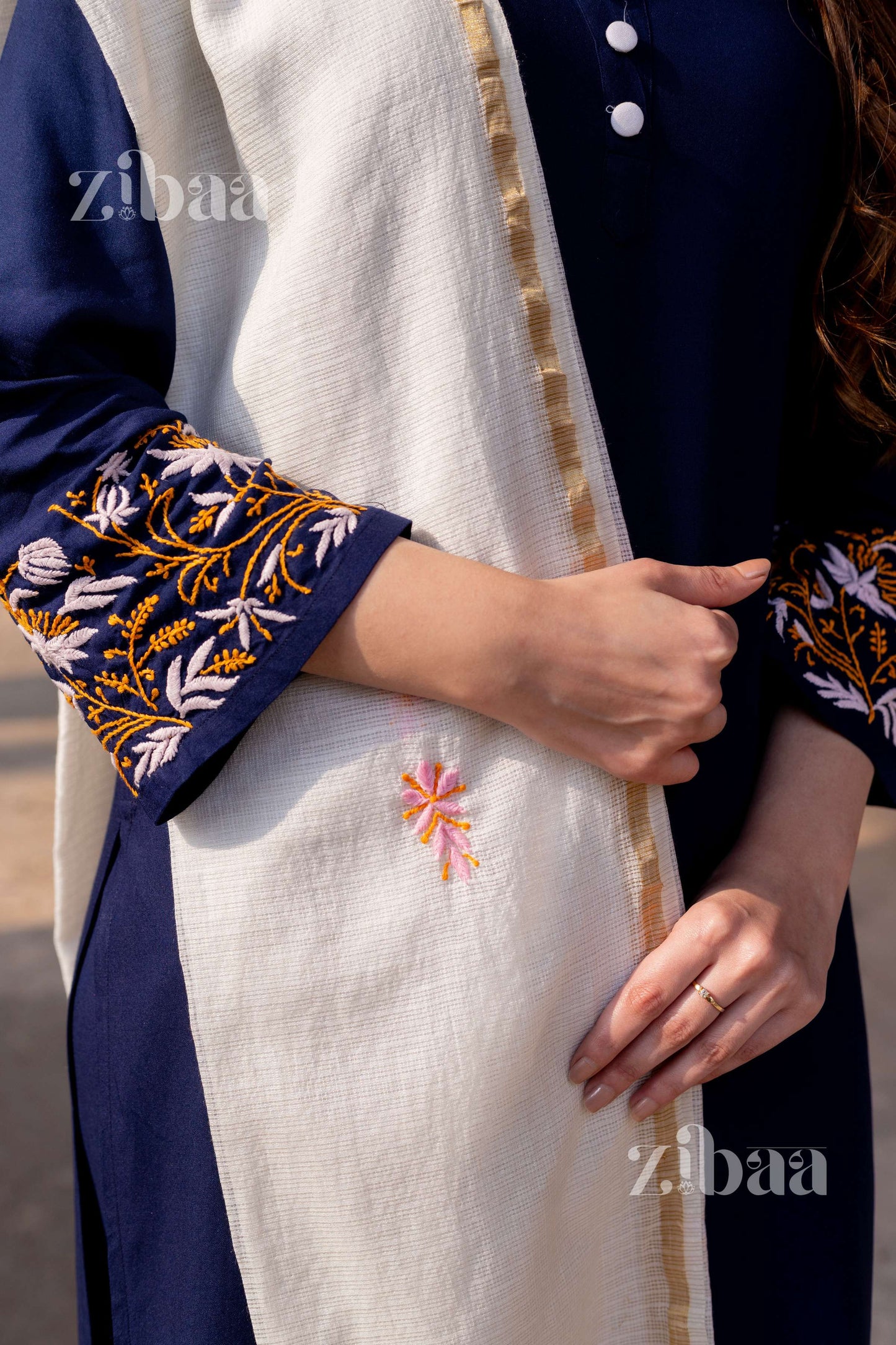 Zibaa Luxury Rayon Blue Chikankari Kurta Set with Kota Dupatta | Swadesiicart