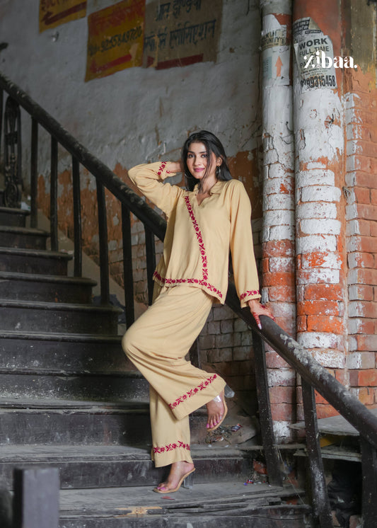 Zibaa Beige Rayon Chikankari Co-ord Set - Swadesiicart