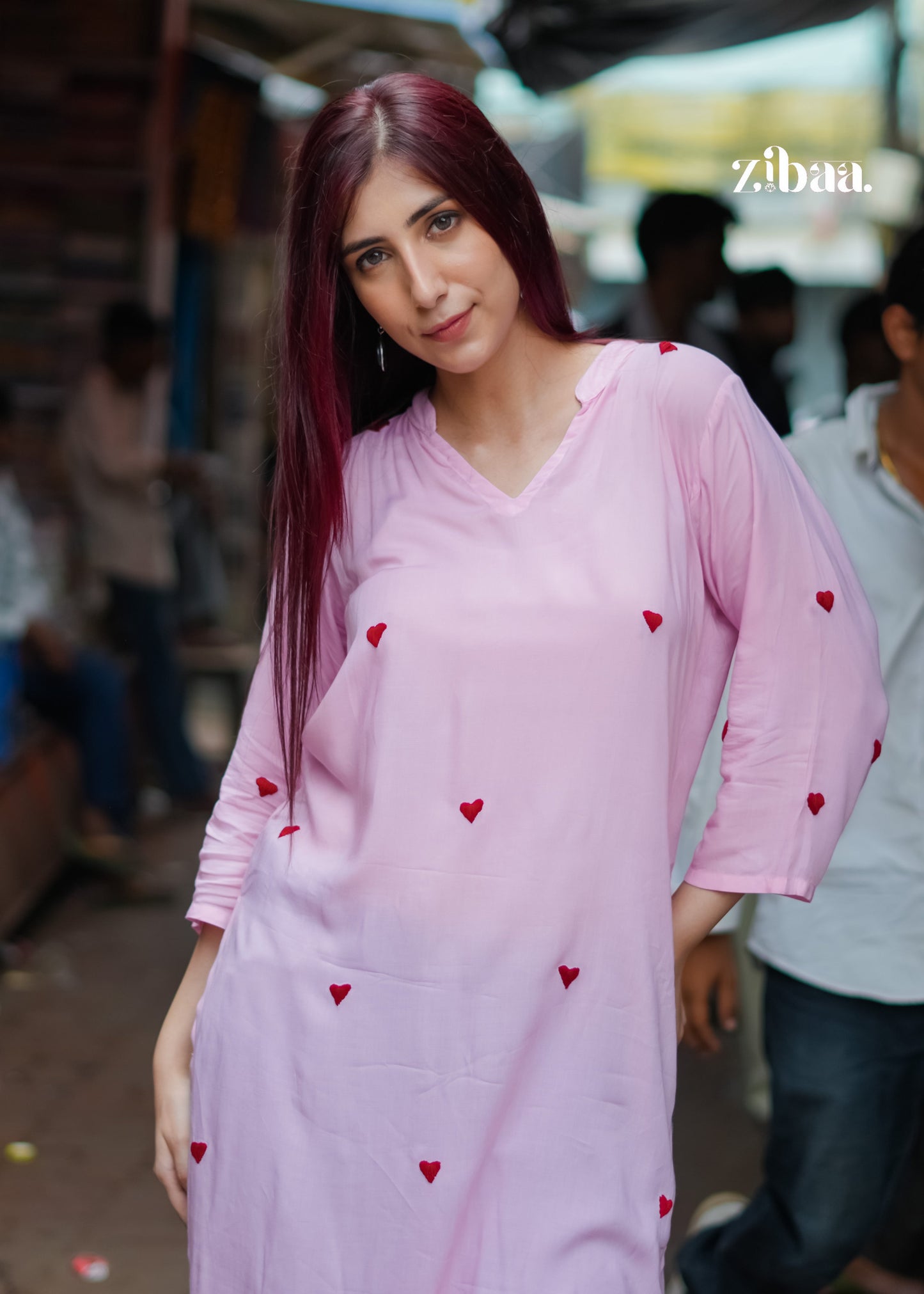 Zibaa Pink & Red Modal Chikankari Kurta - Swadesiicart