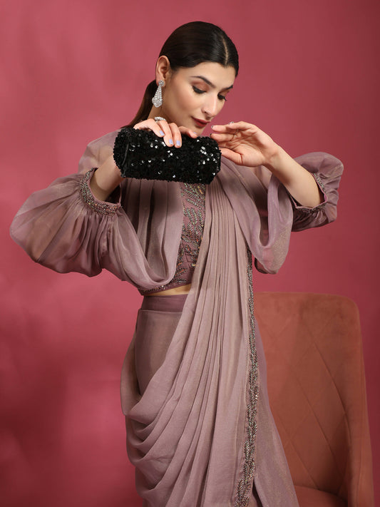 Purple Fancy Pure Fabric Plain Ready to wear Saree with stitched Blouse - Vrinda | Swadesiicart