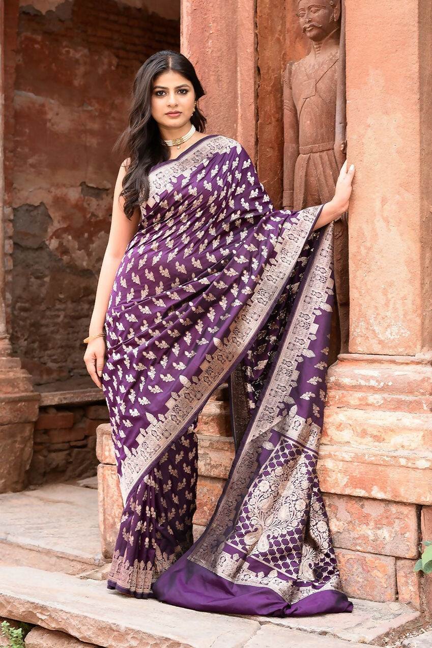 Joban Fashion Plum Purple Hand Woven & Zari Work Katan Pure Handloom Banarasi Silk Saree | Swadesiicart