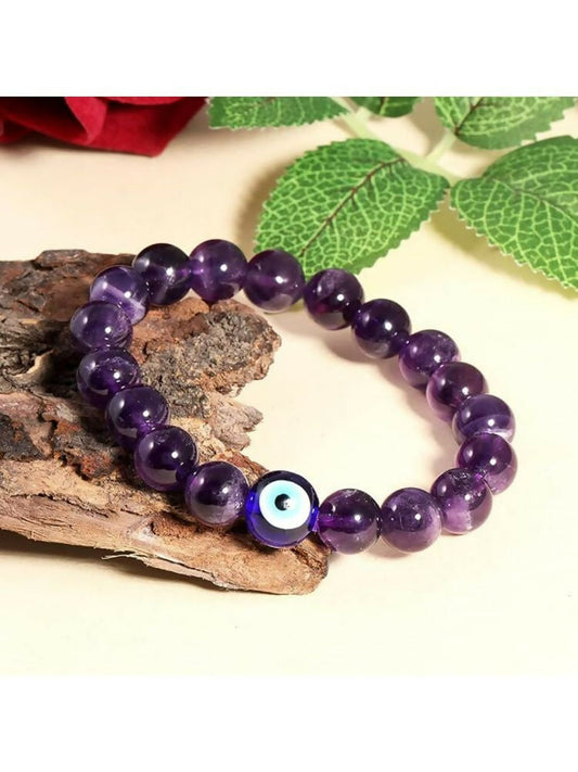 NVR Natural Amethyst Evil Eye Beaded Handmade Stretch Bracelet