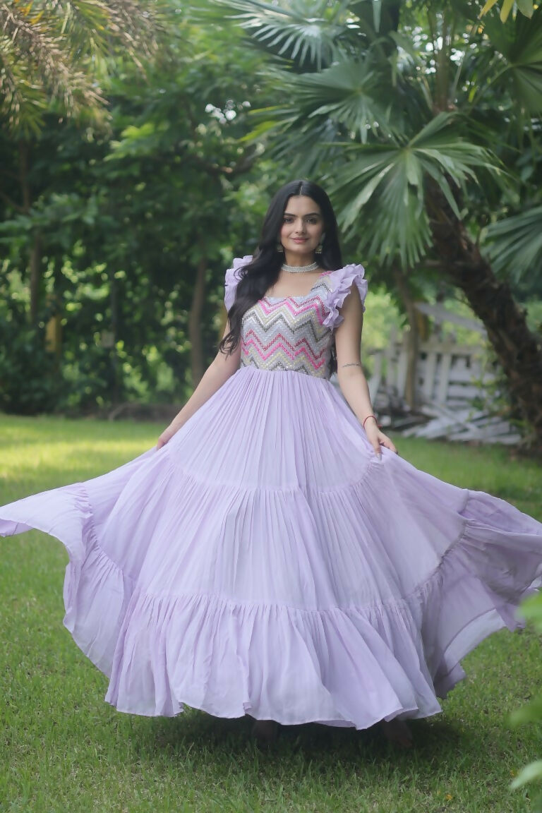 Jyoti Fashion Women's Purple Sequins Thread Embroidery Faux Georgette Anarkali Dress | Swadesiicart