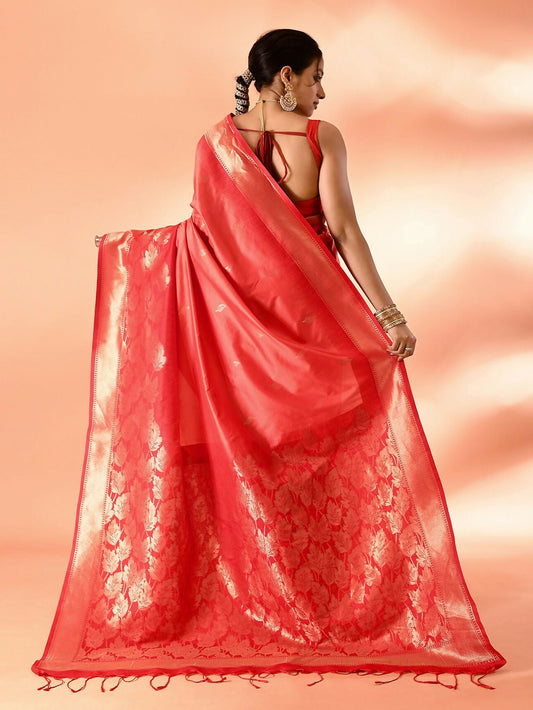 Joban Fashion Peach & Red Plain With Weaving Border Banarasi Silk Sarees | Swadesiicart