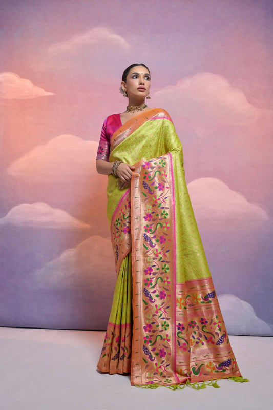 Vishnu Weaves Women's Mahendi Paithani Silk Zari Woven Saree with Blouse - Swadesiicart