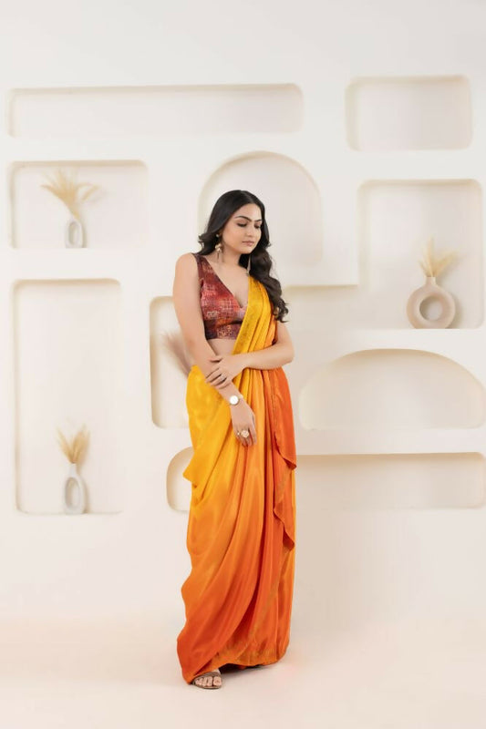 Yellow Satin Pedding Designer, Printed Party Wear Ready To Wear Saree - Femina | Swadesiicart