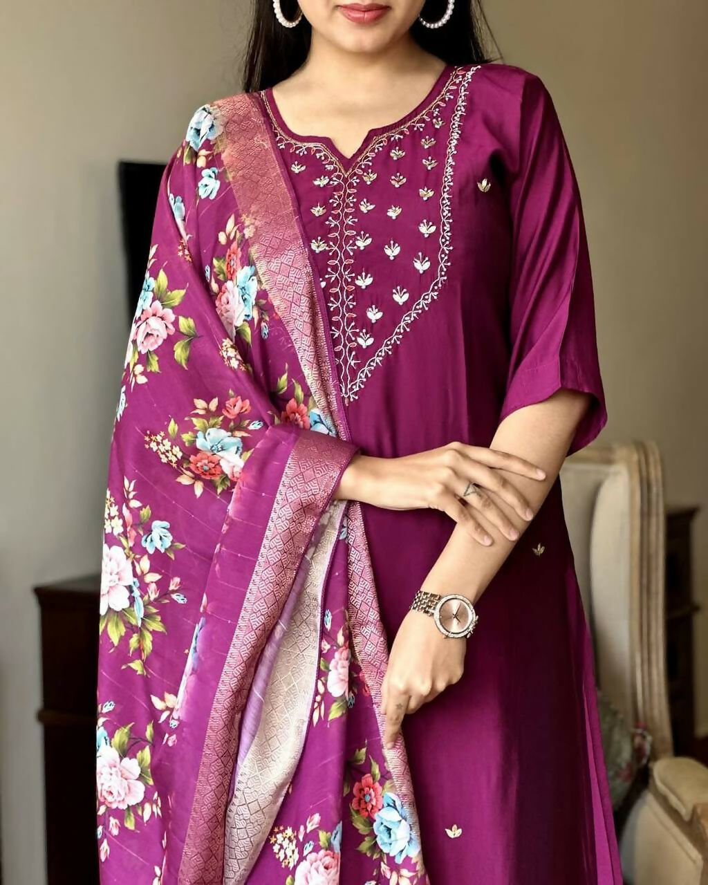 The52 Wine Women's Gorgeous Embroidered Rayon Fabric Straight Kurta Pant with Dupatta Set - Swadesiicart