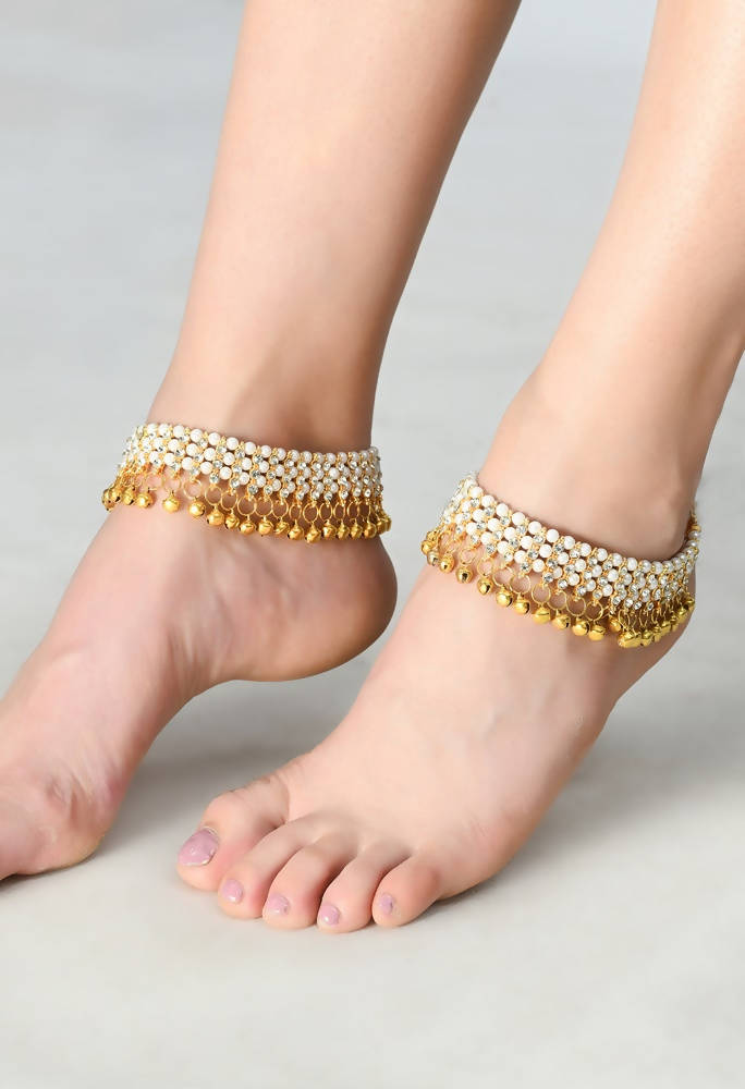 Mominos Fashion Kamal Johar Gold-Polished Pearls Anklets | Swadesiicart