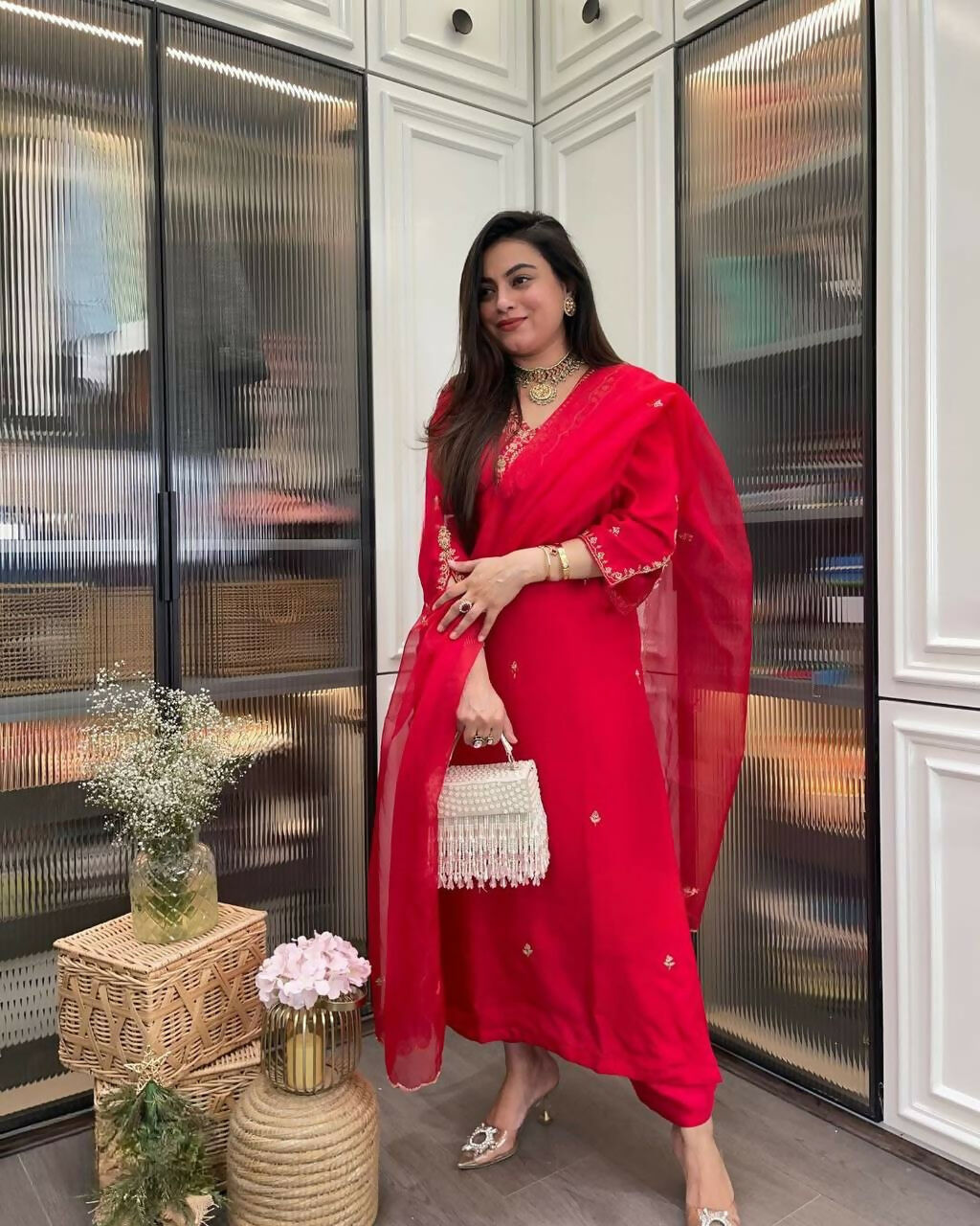 The52 Red Beautiful Embroidered Rayon Fabric Straight Kurta Pant with Dupatta Set - Swadesiicart