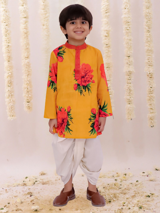 Lil Drama Genda Phool Mustard Kurta and White Dhoti Set for Boys | Swadesiicart
