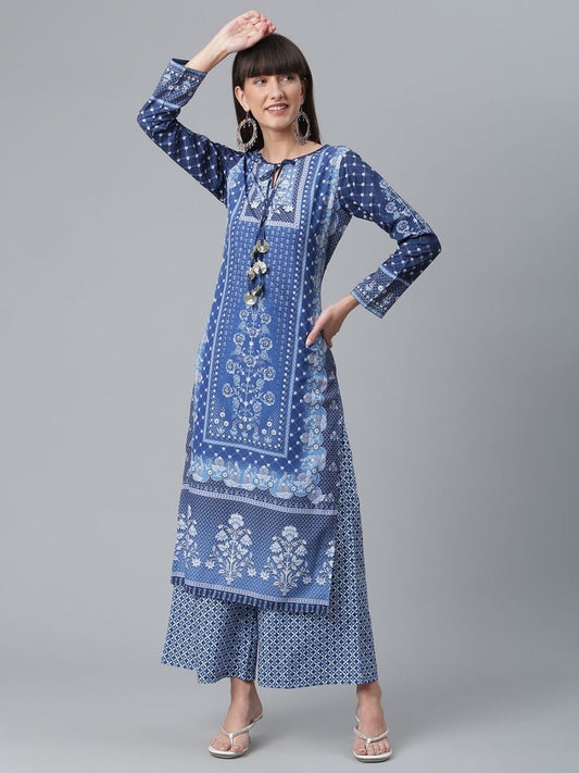 Ahalyaa Women Navy Blue Crepe Floral Print kurta With Palazzo | Swadesiicart