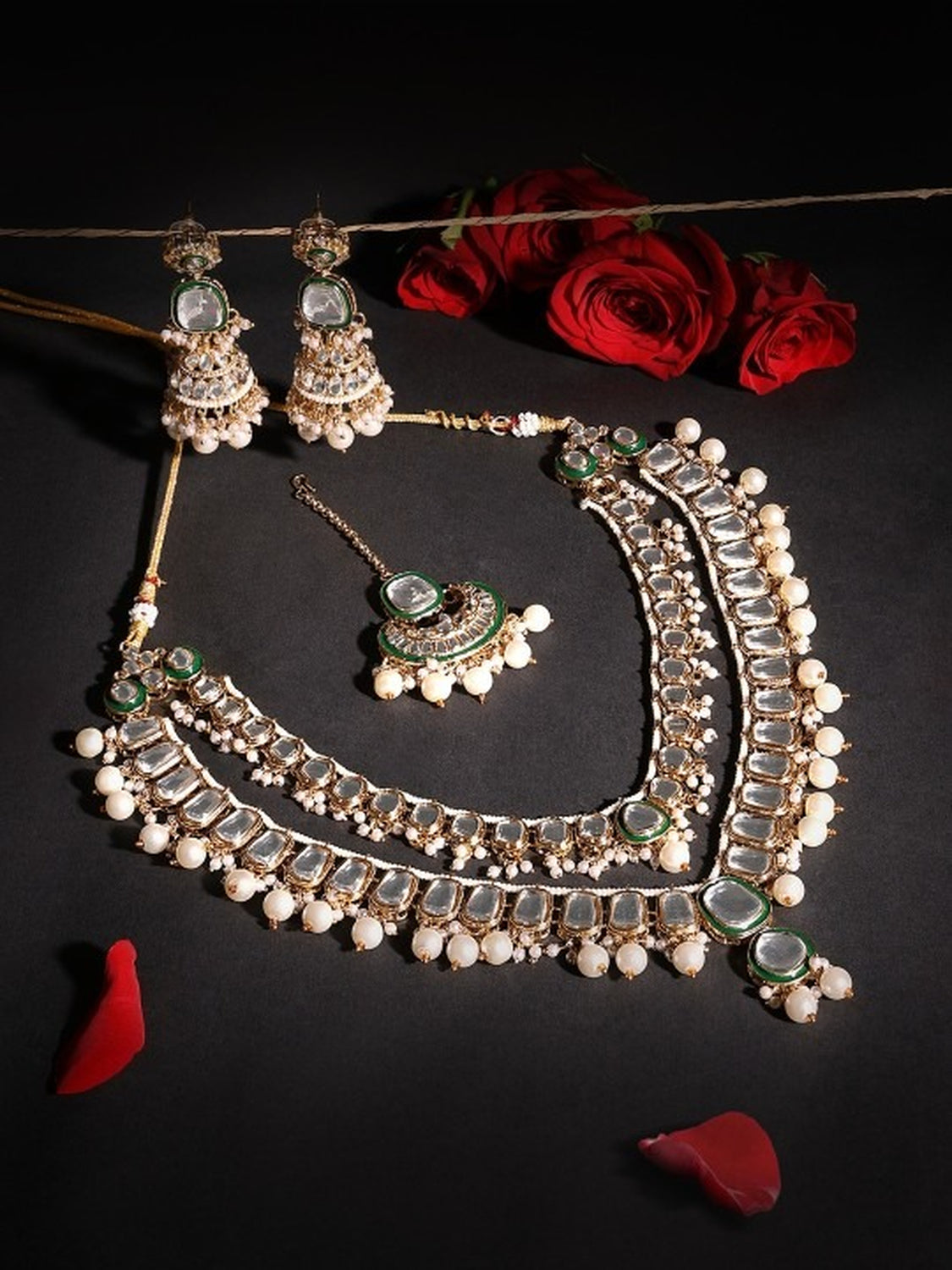 Jewel City Gold-Plated Kundan Bridal Necklace Set with Pearls & Green Stones Traditional Indian Jewelry for Weddings & Festive Wear | Swadesiicart