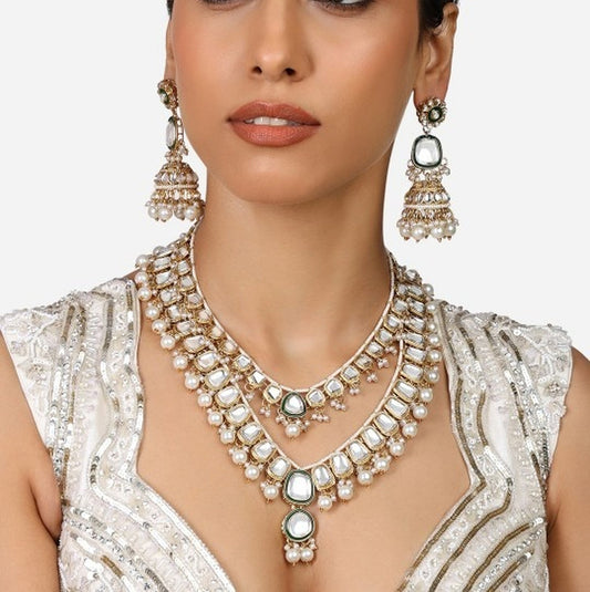 Jewel City Gold-Plated Kundan Bridal Necklace Set with Pearls & Green Stones Traditional Indian Jewelry for Weddings & Festive Wear | Swadesiicart