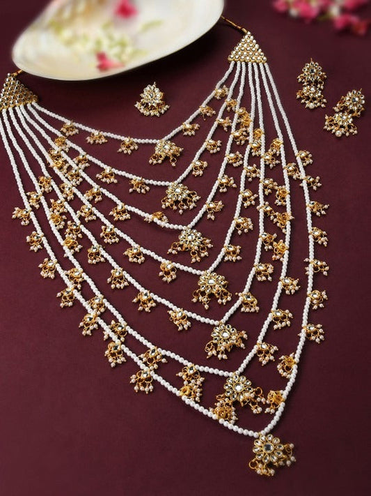Jewel City Traditional Multi-Layer Kundan Pearl Rani Haar Set – Handcrafted Gold-Plated Indian Long Necklace with Earrings | Swadesiicart