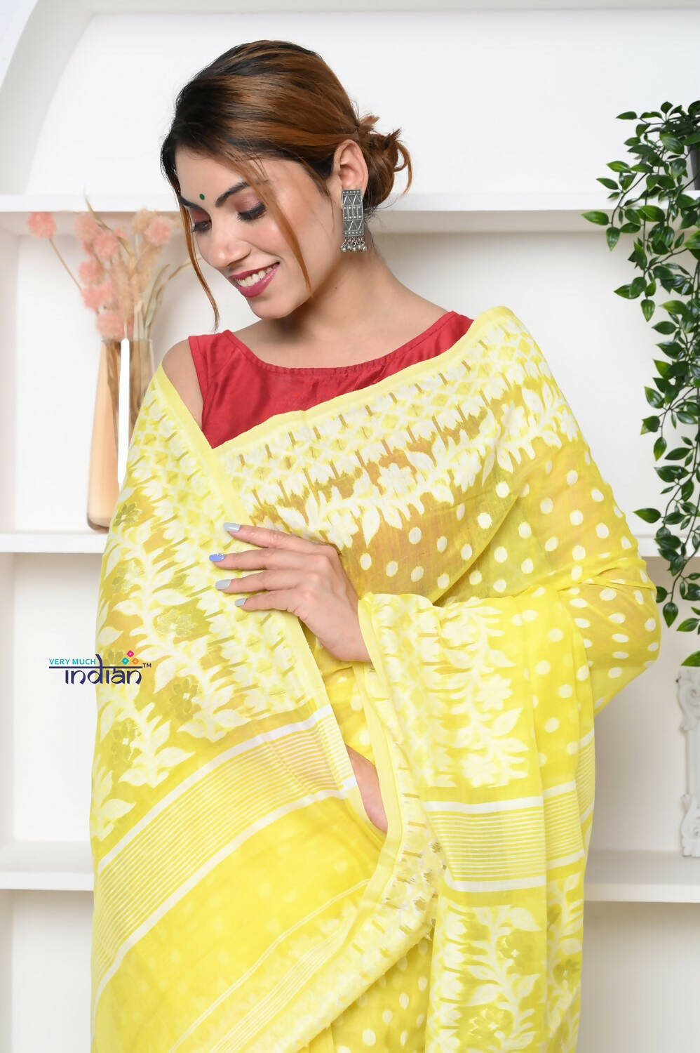 Very Much Indian Jamdhani Cotton Saree With Polka Dot Pallu - Lime Yellow | Swadesiicart