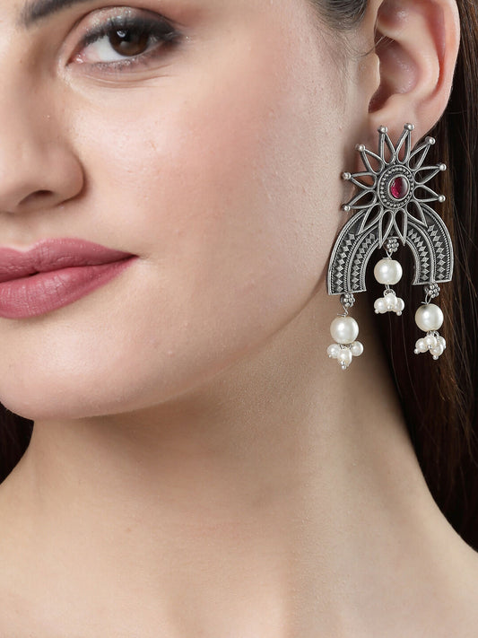 NVR Women's Floral Silver-Plated Artificial Stones and Beads Drop Earrings | Swadesiicart