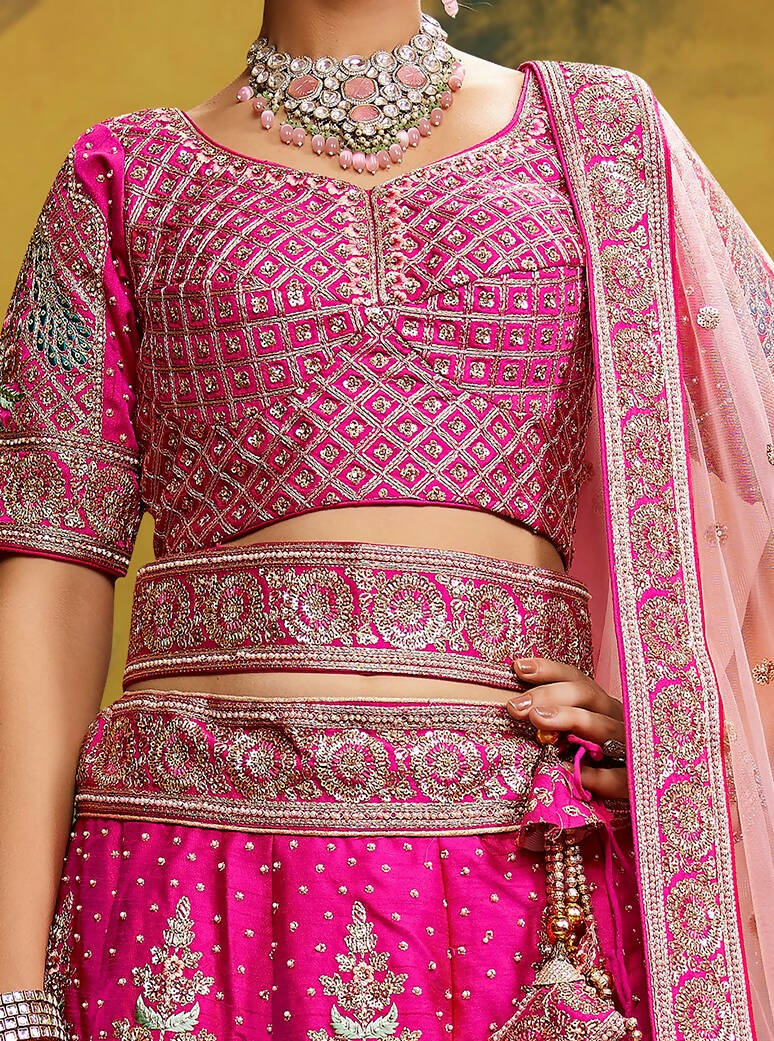 House of Panchhi Pink Pure Silk Moti & Zarkan heavy embroidery Lehenga choli & Dupatta | Swadesiicart